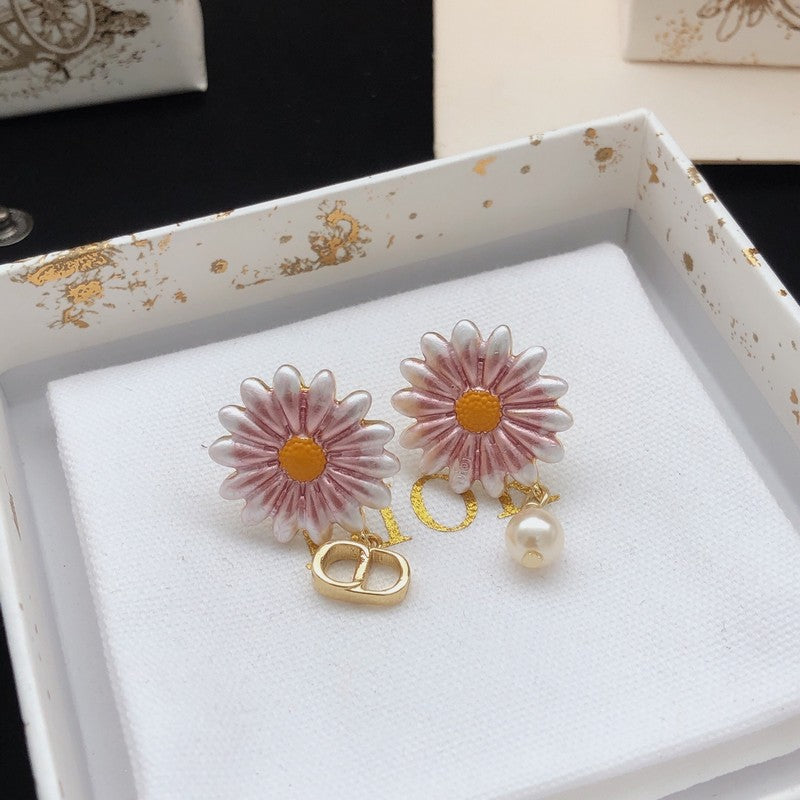 18K CD Pink Sun Flower Pearl Earrings