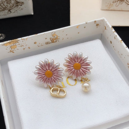 18K CD Pink Sun Flower Pearl Earrings