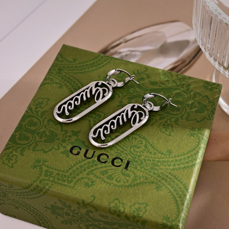 18K GG White Gold Script Earrings