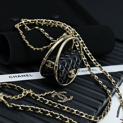 18K CC Black Bag Long Leather Necklace