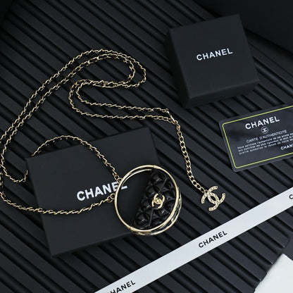 18K CC Black Bag Long Leather Necklace