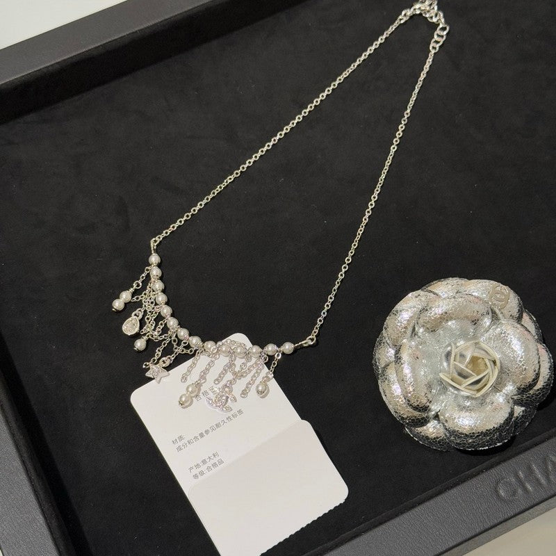 18K CC 26C Pearl Diamond Tassel Choker Necklace