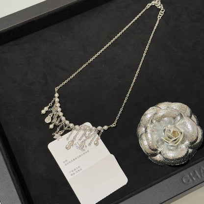 18K CC 26C Pearl Diamond Tassel Choker Necklace