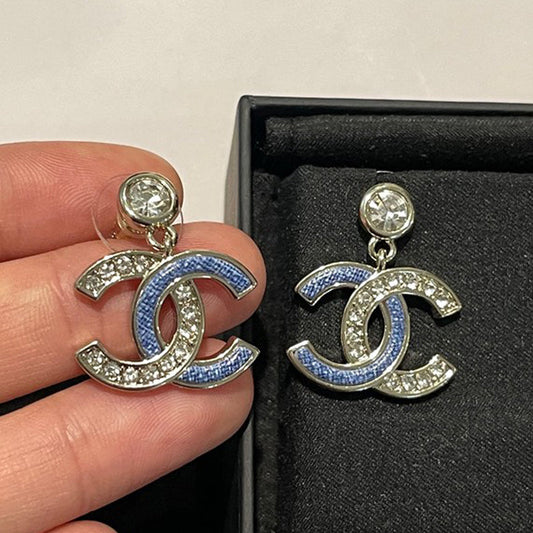 18K CC Blue Diamond Pendant Gold Earrings