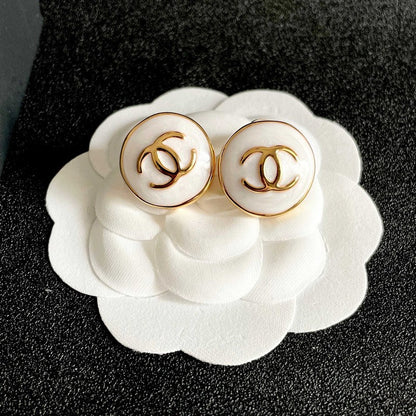 18K CC Black & White Round Gold Earrings