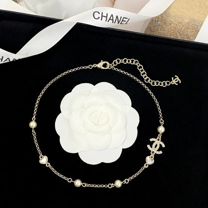 18K CC 25B Heart Crystal Pearl Necklace