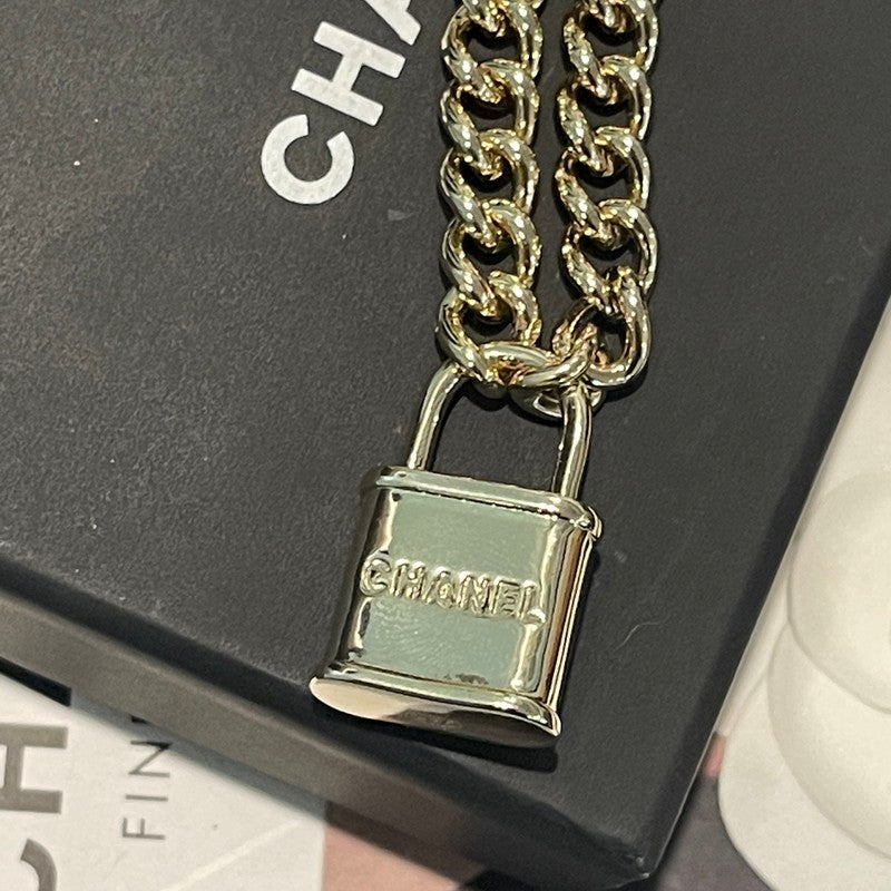 18K CC Black Leather Gold Lock Necklace