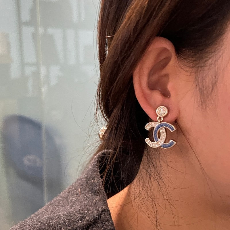 18K CC Blue Diamond Pendant Gold Earrings