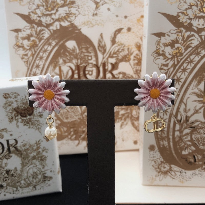 18K CD Pink Sun Flower Pearl Earrings