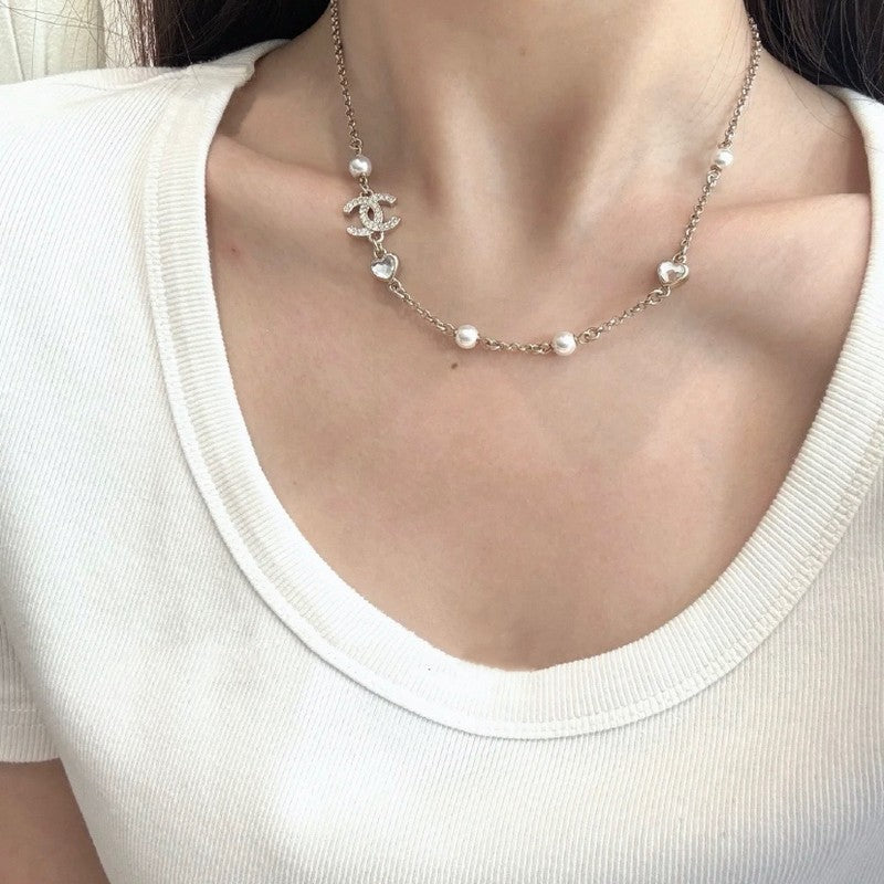 18K CC 25B Heart Crystal Pearl Necklace
