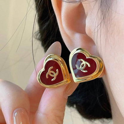 18K CC 26P Black & Red Heart Earrings