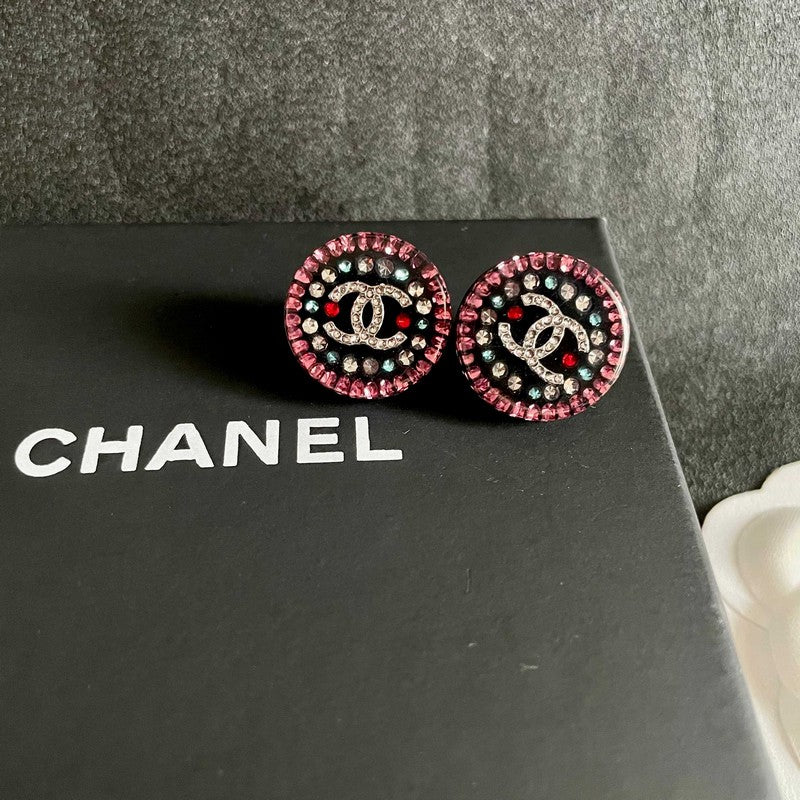 18K CC Red & Blue Crystal Round Earrings