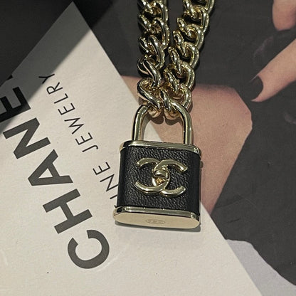 18K CC Black Leather Gold Lock Necklace