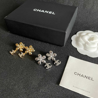 18K CC Diamond Flower Gold Earrings