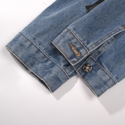 Chrome-Hearts Patchwork Denim Jacket - Vintage Blue Gothic Street Jacket 0789