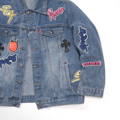 Chrome-Hearts Patchwork Denim Jacket - Vintage Blue Gothic Street Jacket 0789