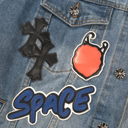 Chrome-Hearts Patchwork Denim Jacket - Vintage Blue Gothic Street Jacket 0789