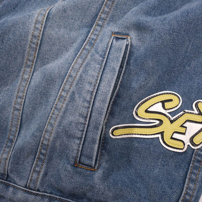 Chrome-Hearts Patchwork Denim Jacket - Vintage Blue Gothic Street Jacket 0789